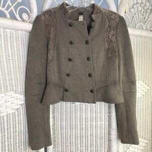 We The Free Free People Lace Knit Military‎ Jacket Taupe Cropped Boho Festival
